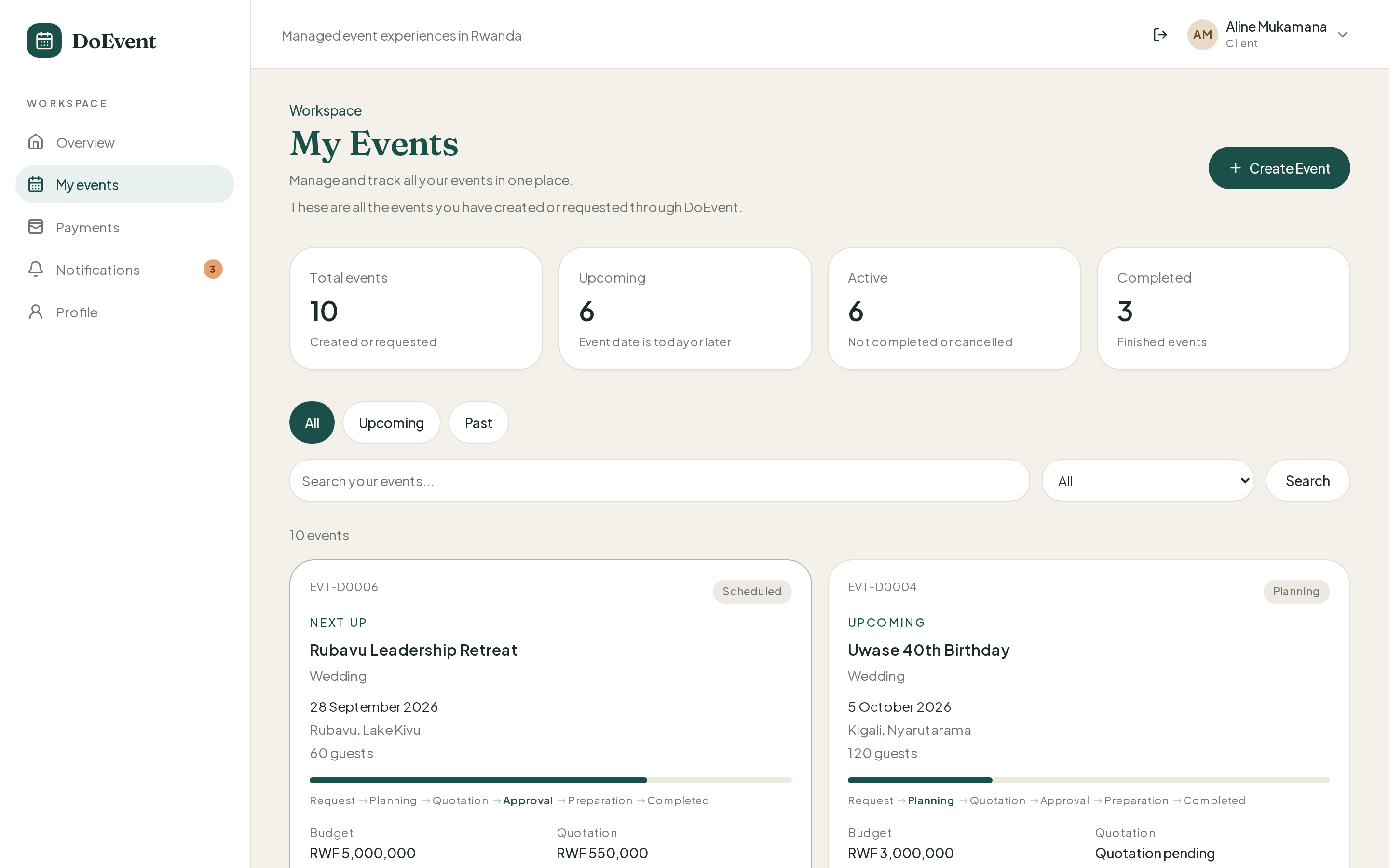 Client My Events screen with upcoming weddings, birthdays, and budgets in RWF